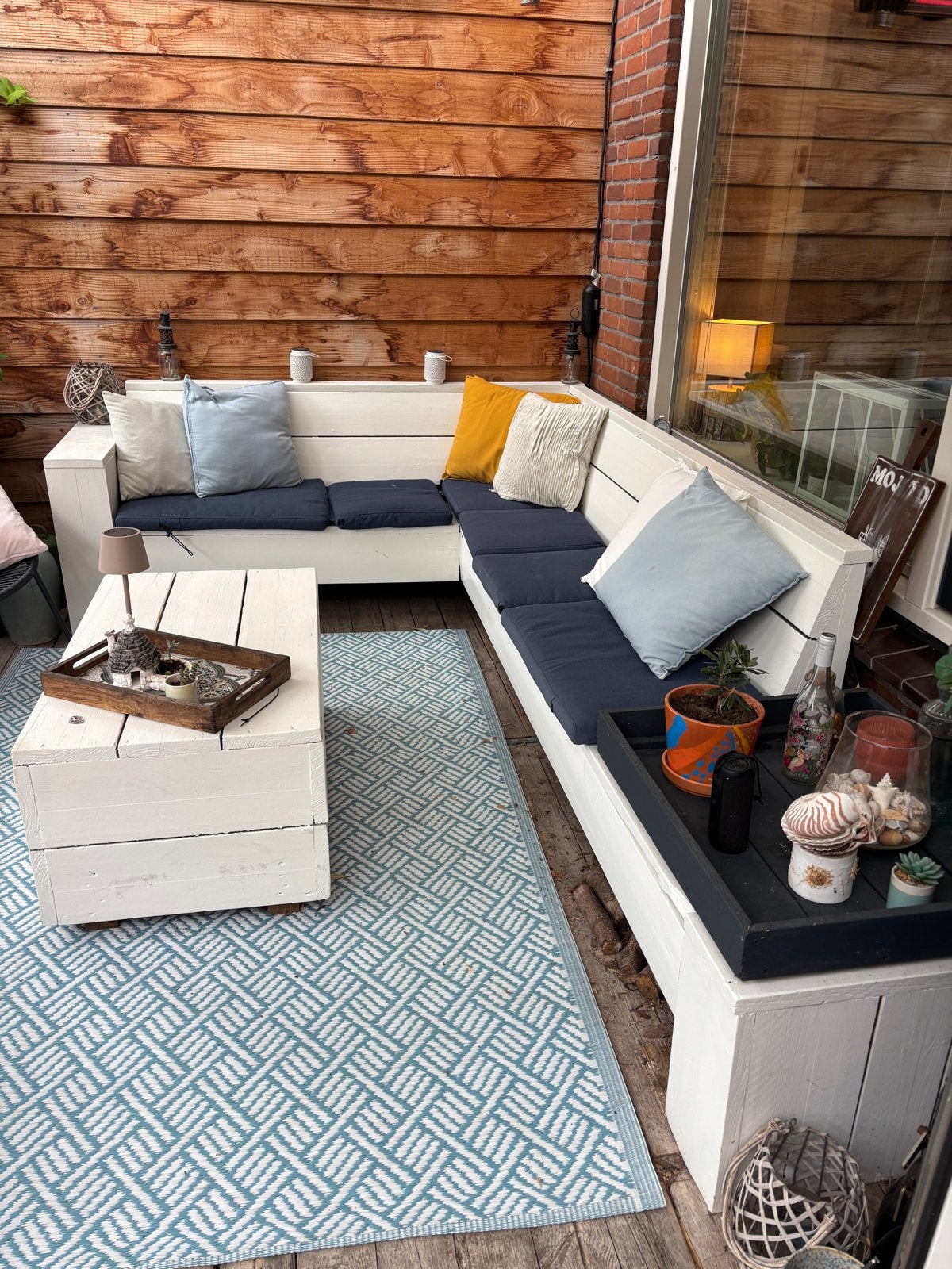 Steigerhouten loungeset met kussens en salontafel, Ophalen, 5 zitplaatsen, Gebruikt, Steigerhout