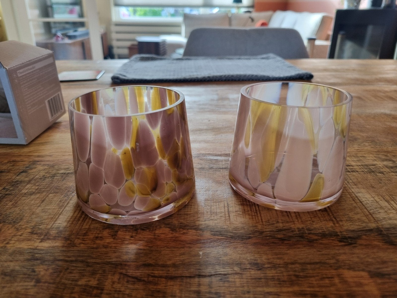 Theelichthouders glas roze met okergeel, Ophalen of Verzenden, Nieuw, Overige materialen, Minder dan 25 cm