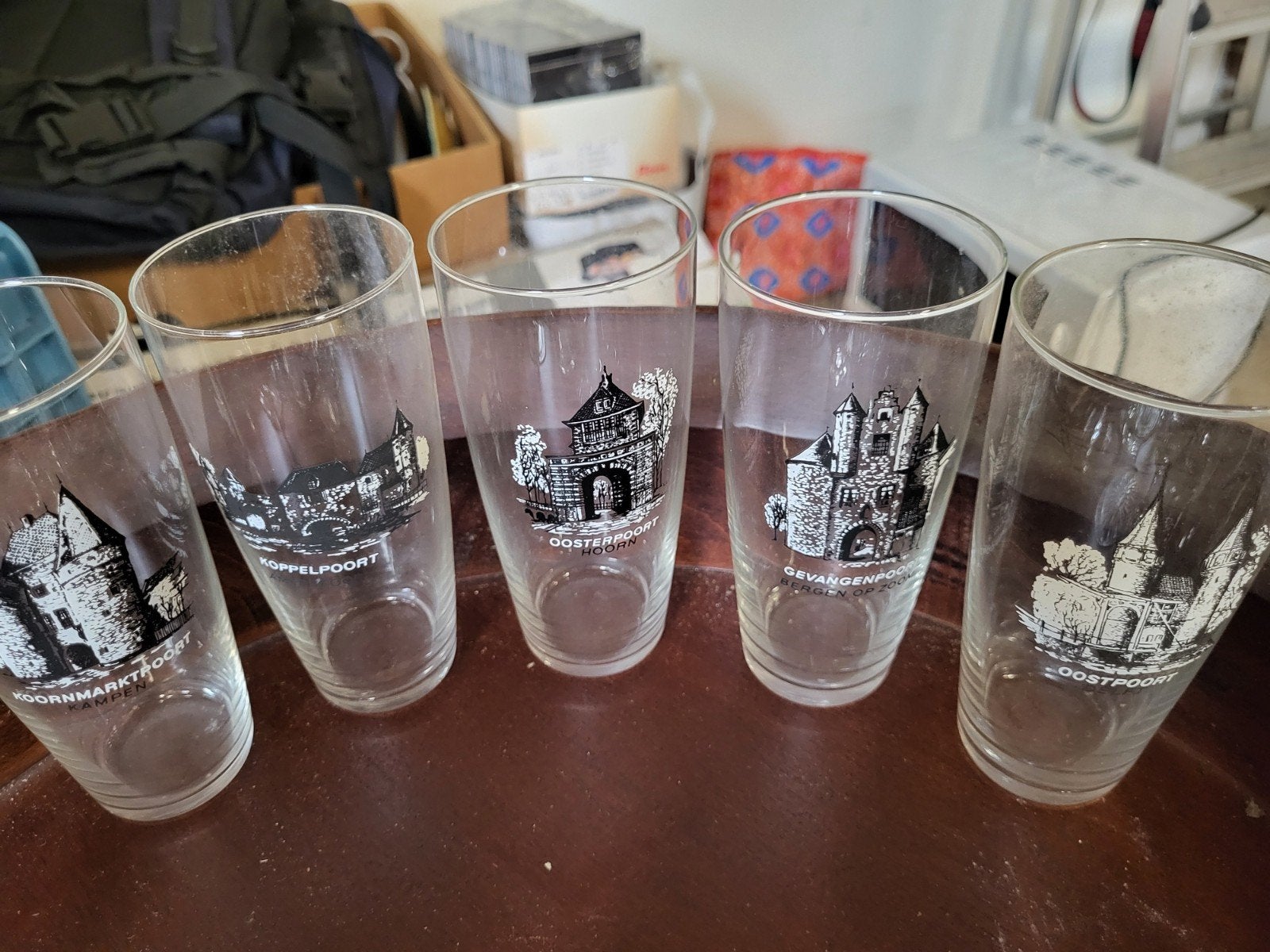 Set van 5 vintage glazen met Nederlandse stadspoorten, Antiek en Kunst, Ophalen of Verzenden