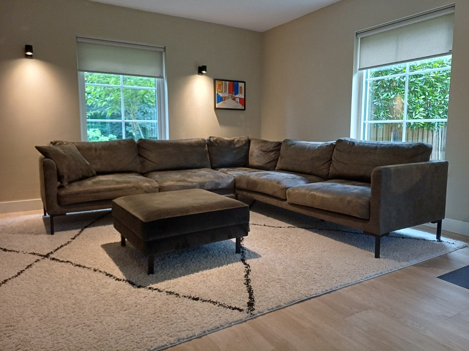 Grote hoekbank met hocker - Donker Groen Leer/Suéde, Ophalen, Gebruikt, Stof, Modern, Comfortabel, Lounge