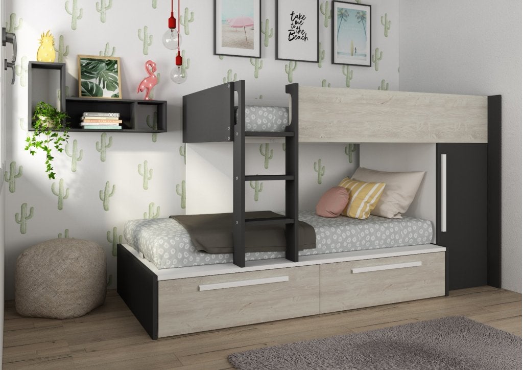 Jules stapelbed met kast en lades - 90x200 - Antraciet, Niet ingevuld, Niet ingevuld, Niet ingevuld