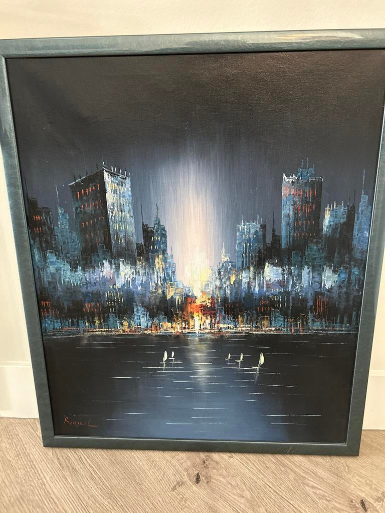 Schilderij Stadsgezicht bij Nacht - Gesigneerd Bonsall, Ophalen