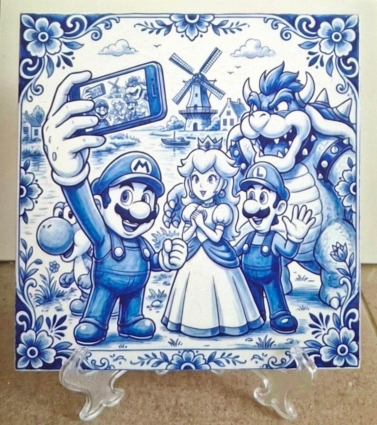 Keramische tegel Mario selfie - Delfts blauw stijl 15x15cm, Ophalen of Verzenden