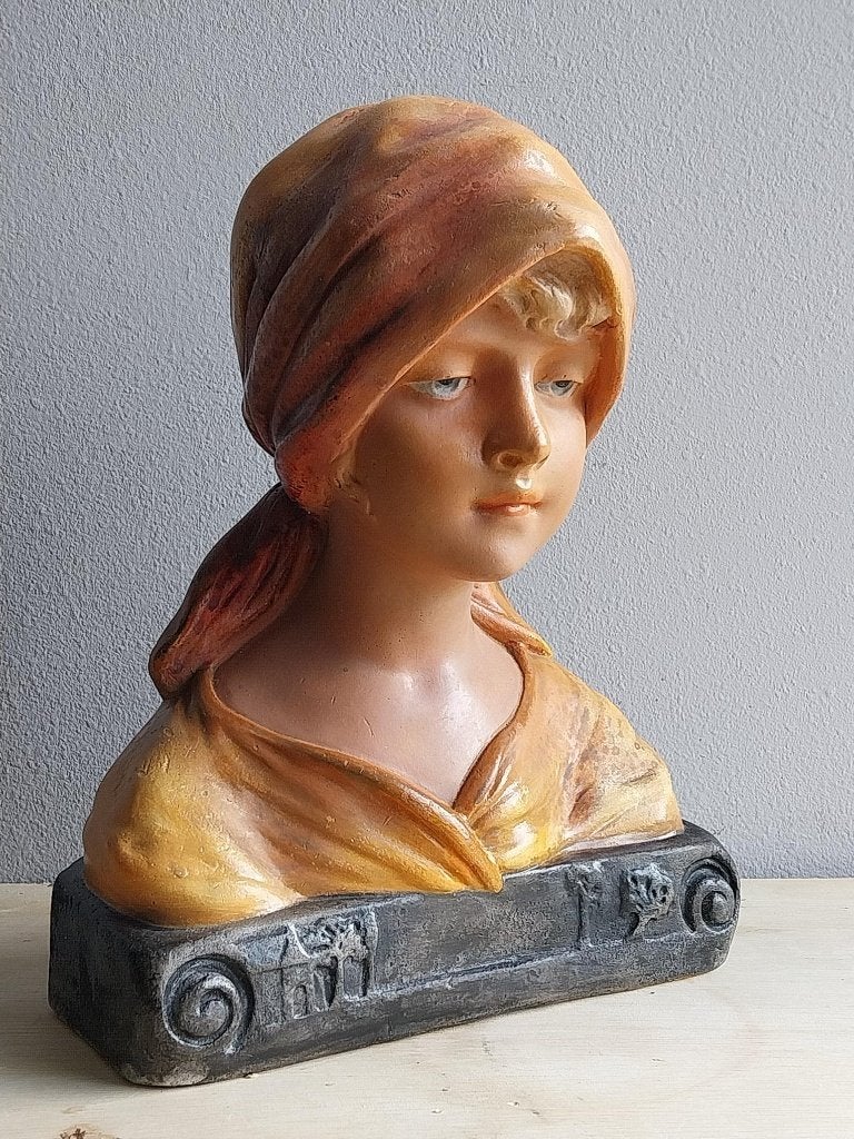 Art Deco buste jonge vrouw Au Village Villanelle 35 cm, Art deco, Gips, Buste, Ophalen of Verzenden