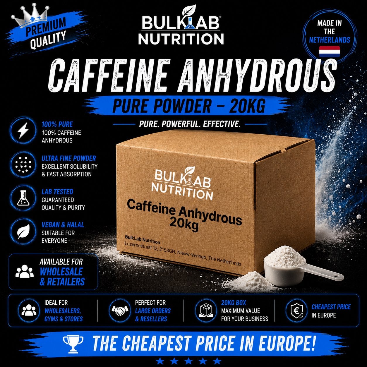 Cafeïne Anhydrous Poeder 20kg - Pure & Krachtige Bulk, Ophalen of Verzenden, Nieuw, Poeder of Drank