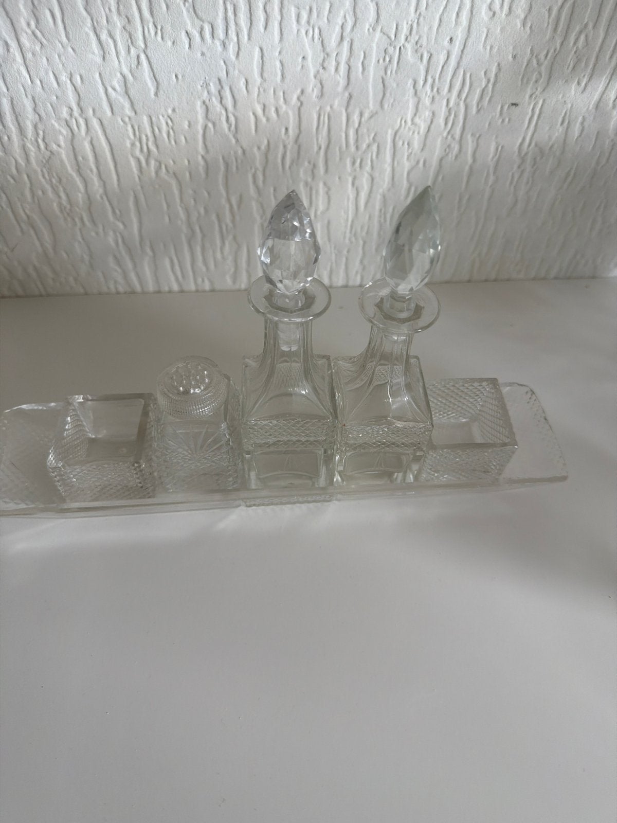 Vintage Glazen Olie en Azijn Set met Peper en Zoutvaatje, Ophalen of Verzenden