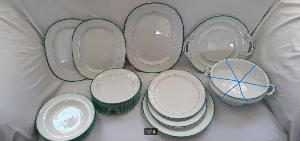 Petrus Regout antieke serviesdelen groen filetrand, Ophalen of Verzenden