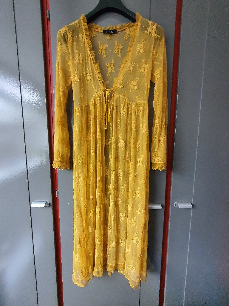 Prachtige Lange Okergeel Kimono - Maat XS - Viva Couture, Kleding | Dames, Ophalen of Verzenden, Zo goed als nieuw, Maat 46/48 (XL) of groter