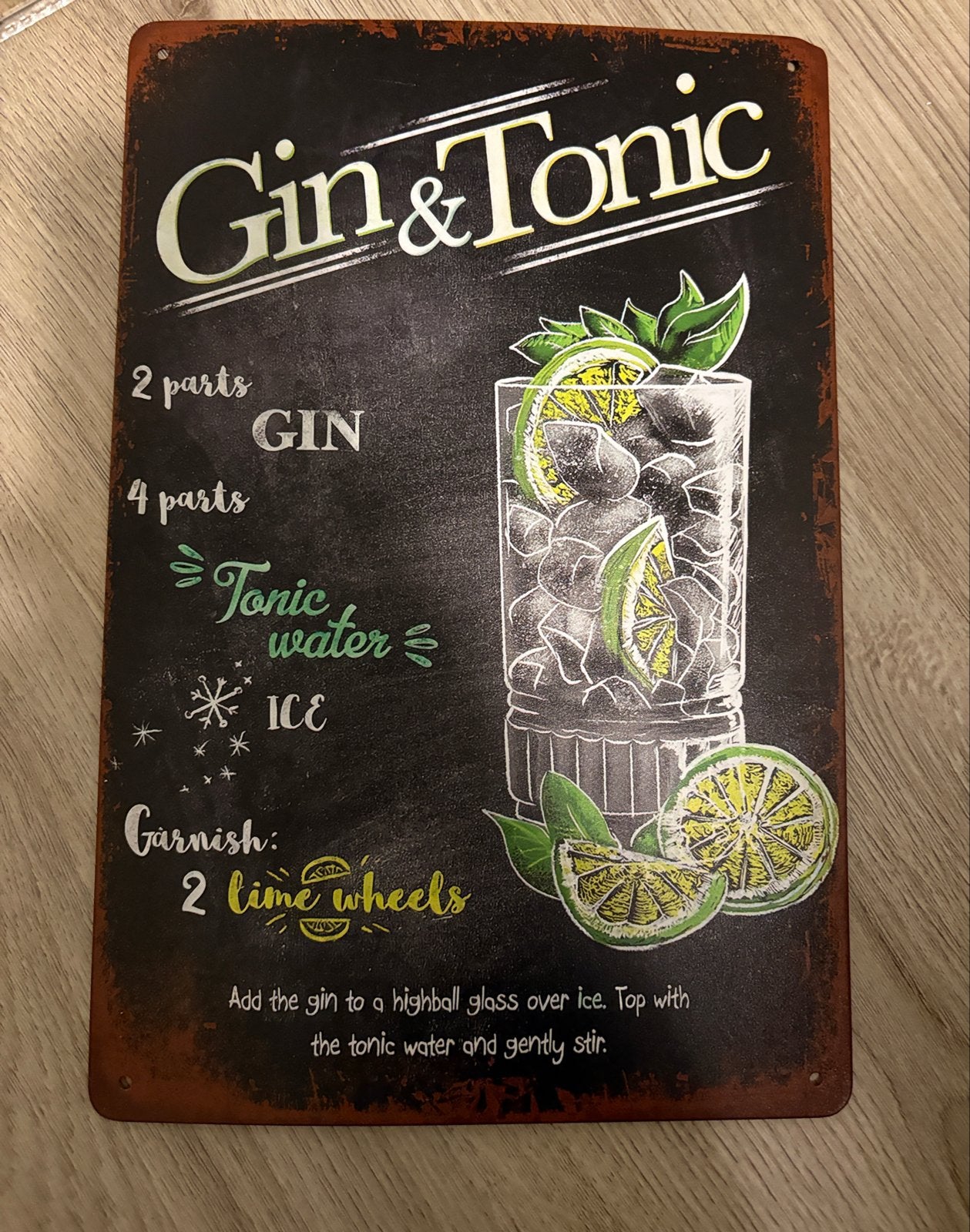 Metalen wandbord Gin & Tonic recept - 20x30cm, Vintage, Zwart, Nieuw, Ophalen of Verzenden