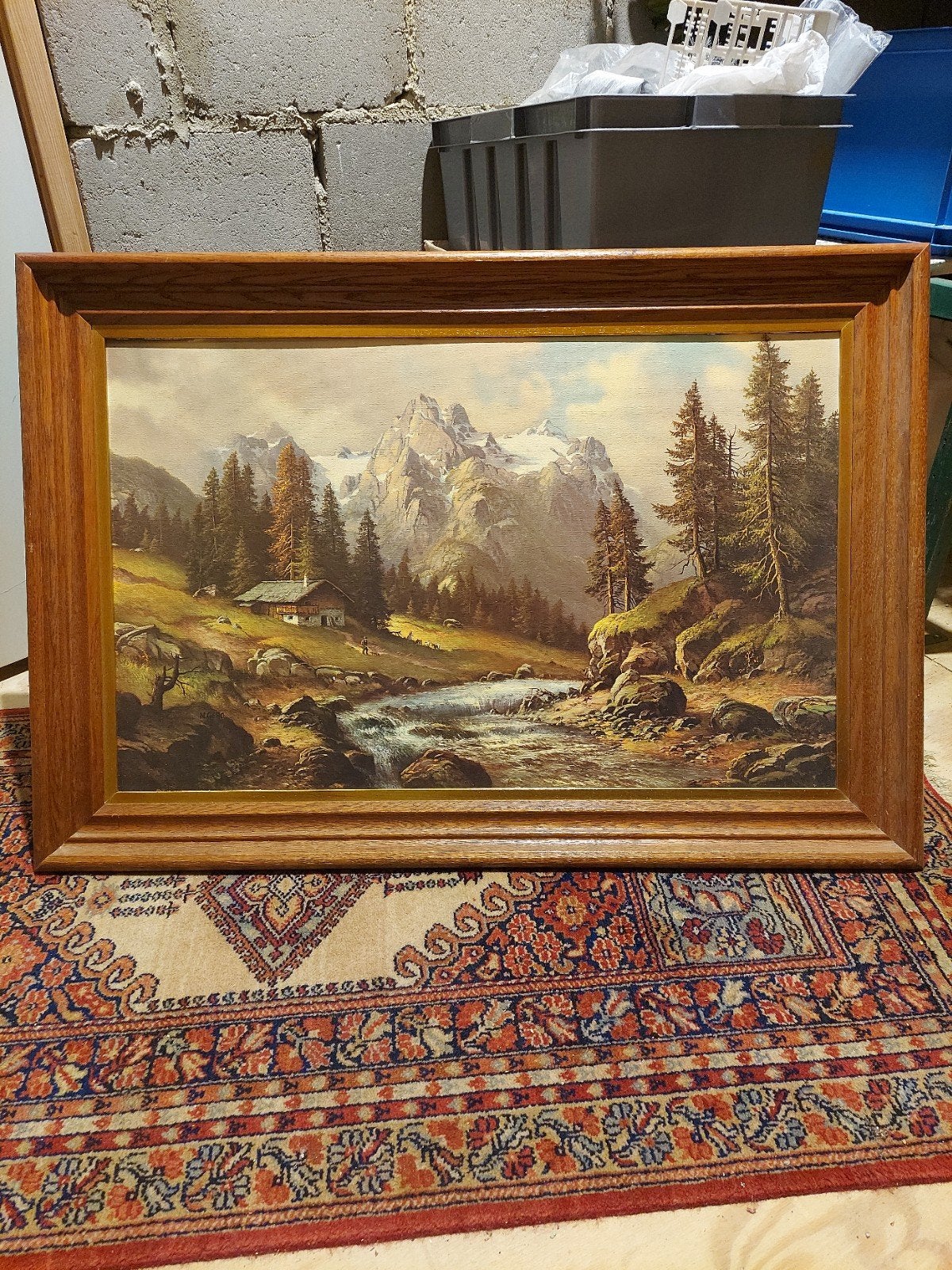 Schilderij berglandschap met rivier en huisje, Antiek en Kunst, Ophalen, Doek, Realistisch, Landschap