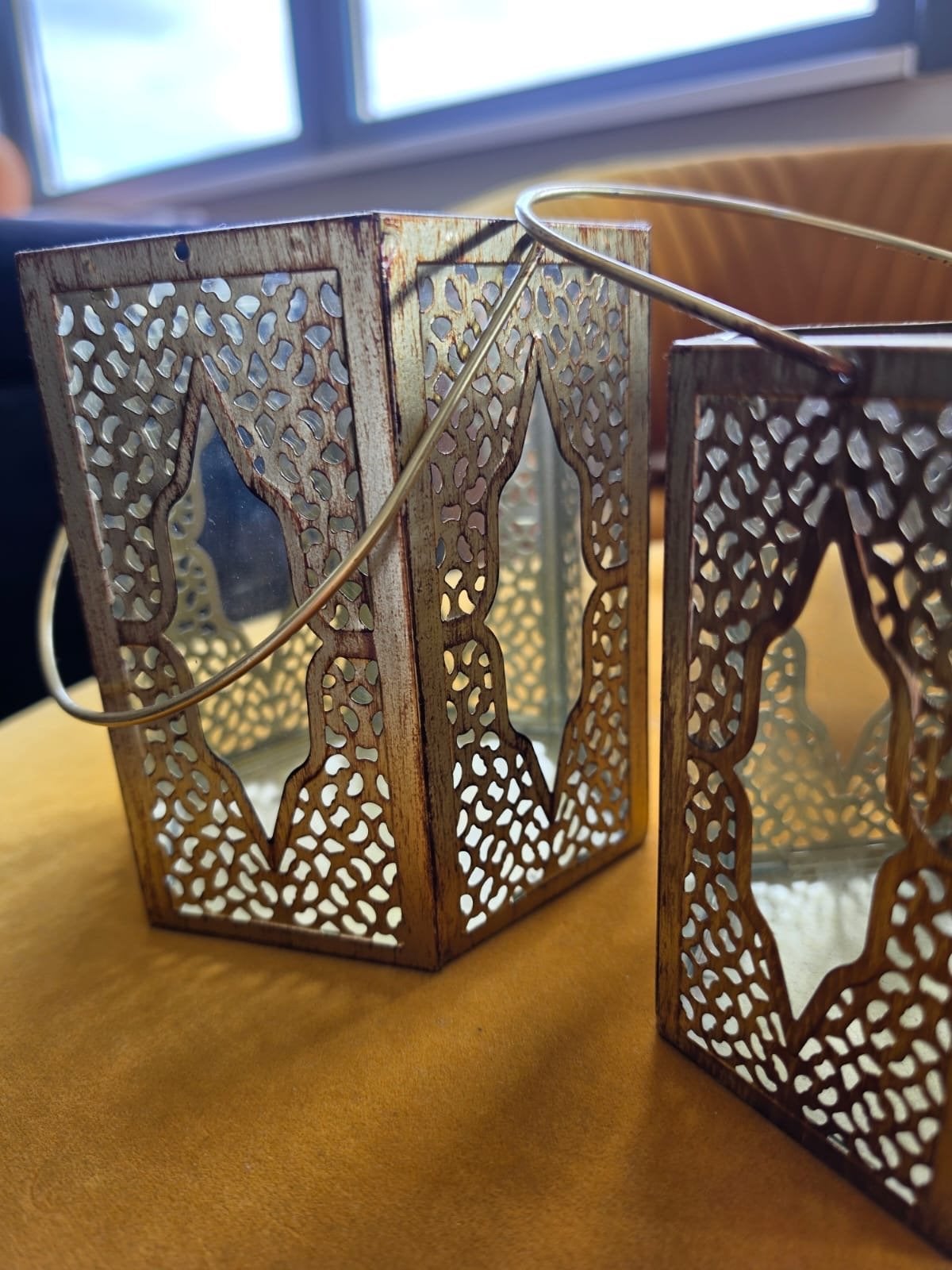 Set van 2 Marokkaanse / Oosterse windlichten met spiegelglas, Ophalen, Lantaarn, Overige merken, Zo goed als nieuw