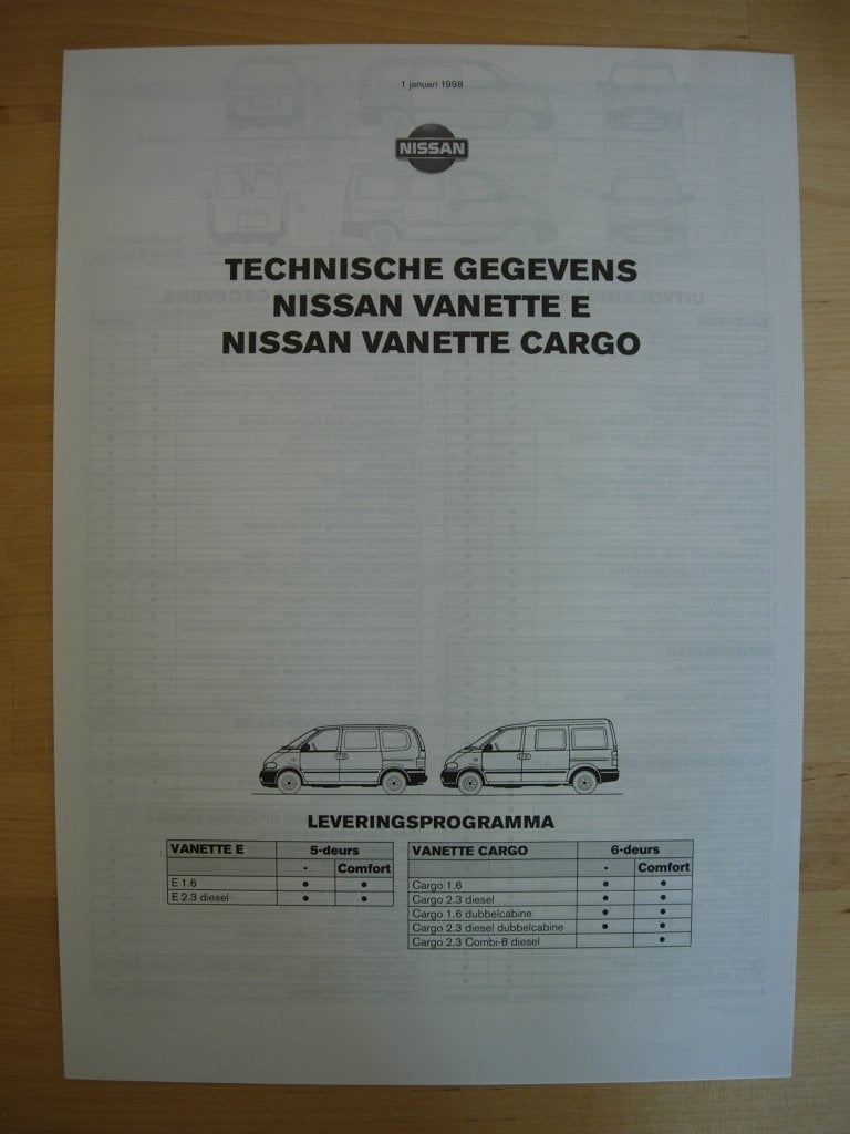 Nissan Vanette Brochure 1998, Ophalen of Verzenden, Zo goed als nieuw, Nissan, NISSAN