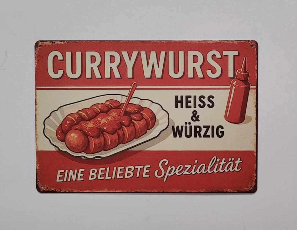 Currywurst Heiss Wurzig reclamebord van metaal wandbord deco, Info@deconoord.nl, Deco Noord, Nieuw, Ophalen of Verzenden