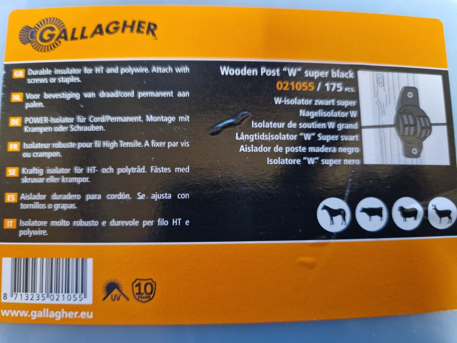 Gallagher W-isolator voor houten palen, 175 stuks, zwart, Weidegang
