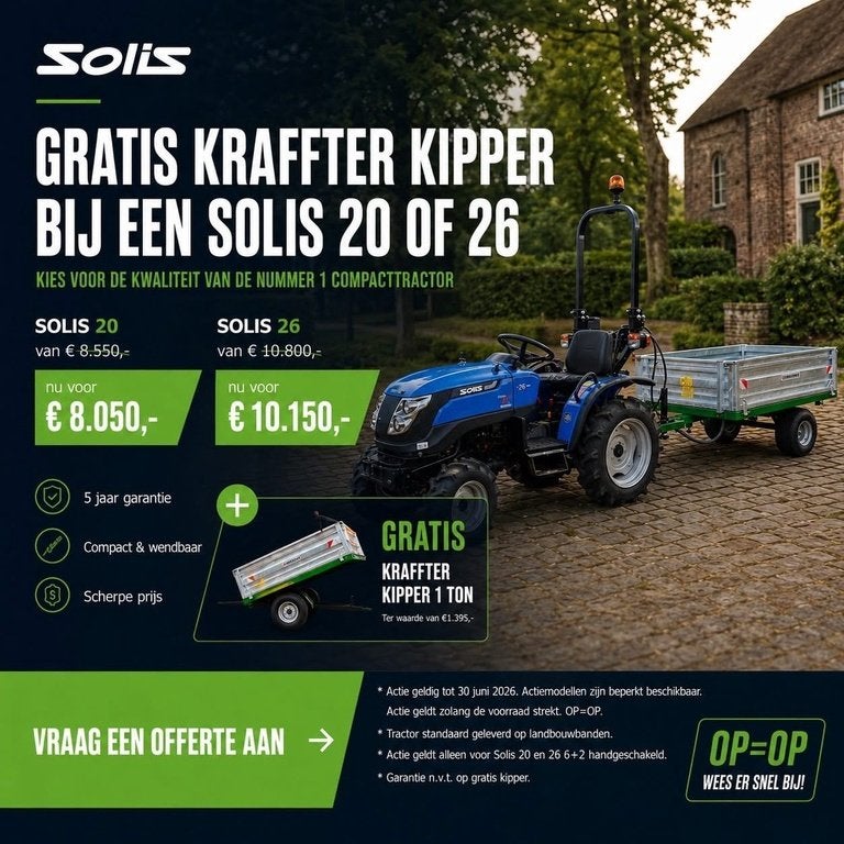 Solis 20 - 26 schakel minitractor ACTIE gratis KIPPER