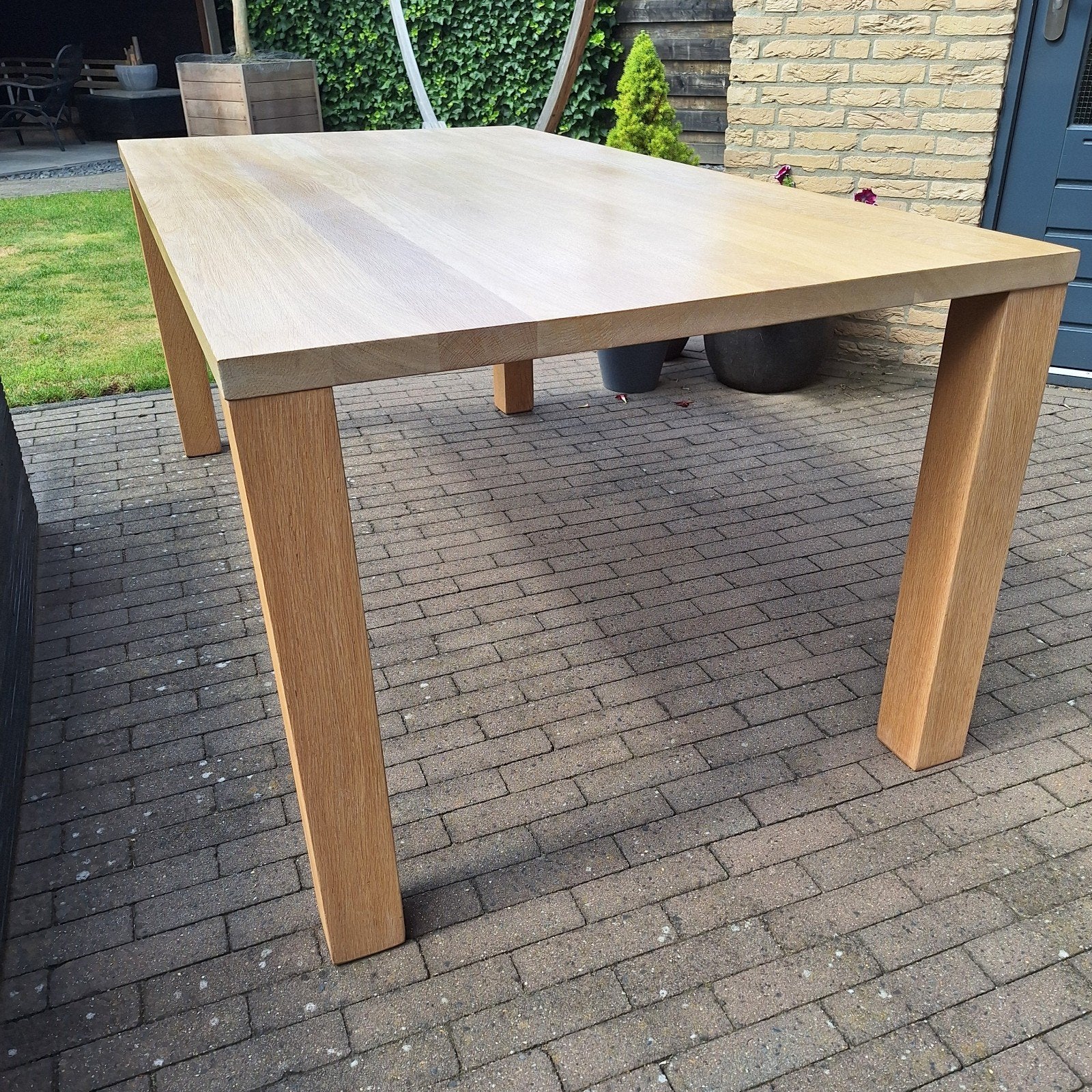 Eiken eettafel met afschroefbare poten., Ophalen, Rechthoekig, Hout