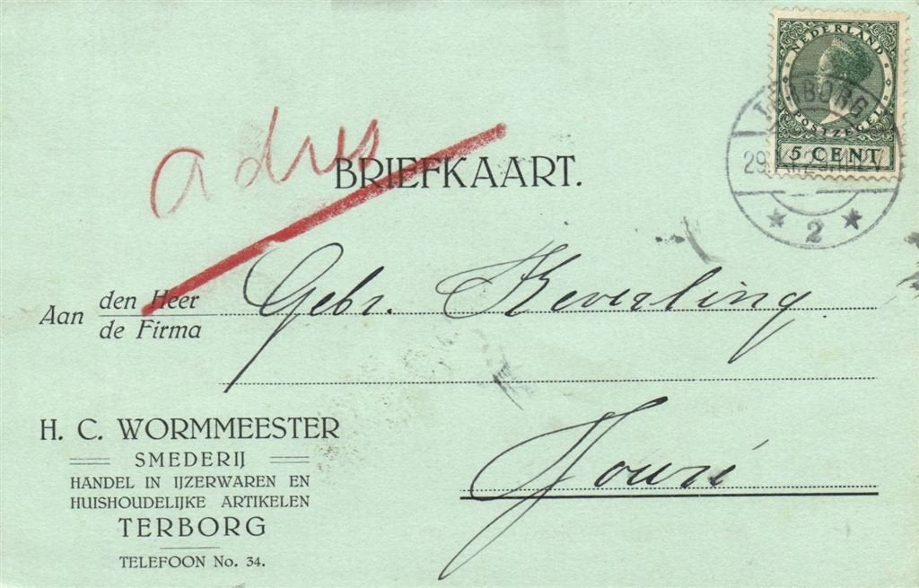 H.C. Wormmeester, Smederij, Terborg - 11.1929 - briefkaart, Postzegels en Munten, Brieven en Enveloppen | Nederland, Ophalen of Verzenden
