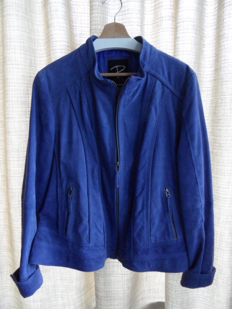 Suede leren Damesjas mt.  L = 46, Blauw, Maat 42/44 (L), Ophalen of Verzenden, Zo goed als nieuw