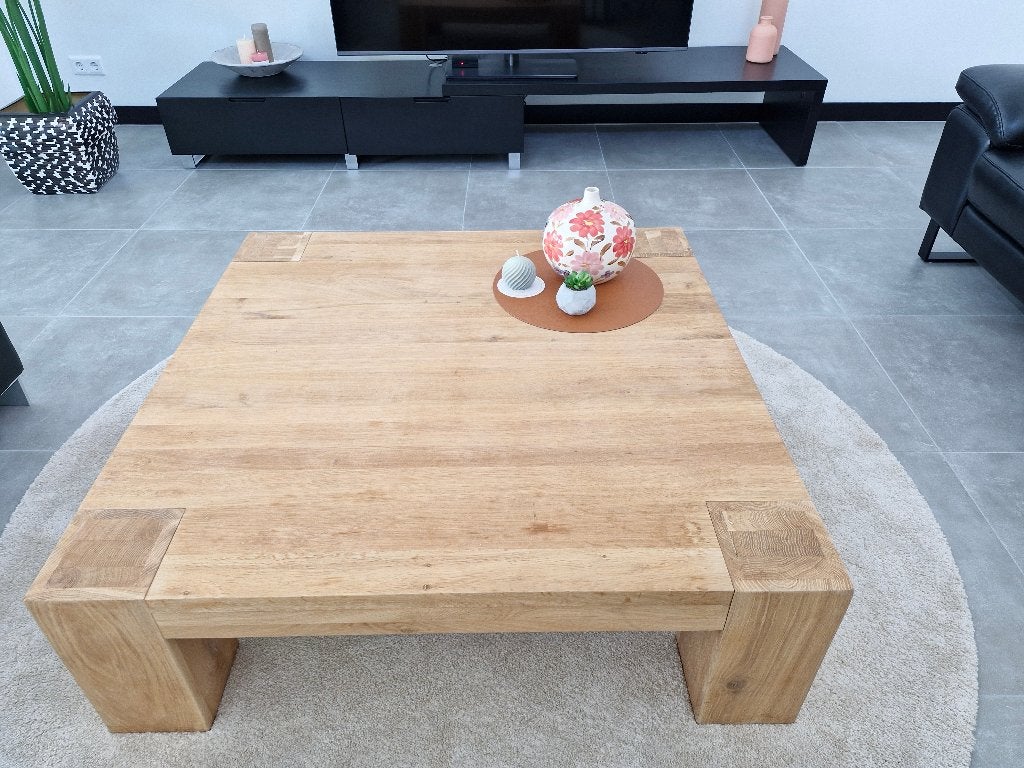 Goossens Salontafel 110x110 massief eiken ongelakt, Ophalen, Zo goed als nieuw, 5 – 50, 100 tot 150 cm