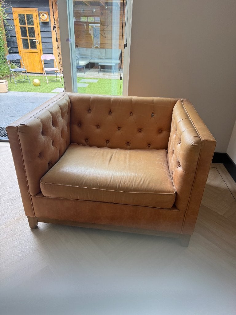 2 Love Seats van Riviera Maison leer Cognac kleur, Huis en Inrichting, Fauteuils, Ophalen, Gebruikt, 100 tot 125 cm, Leer