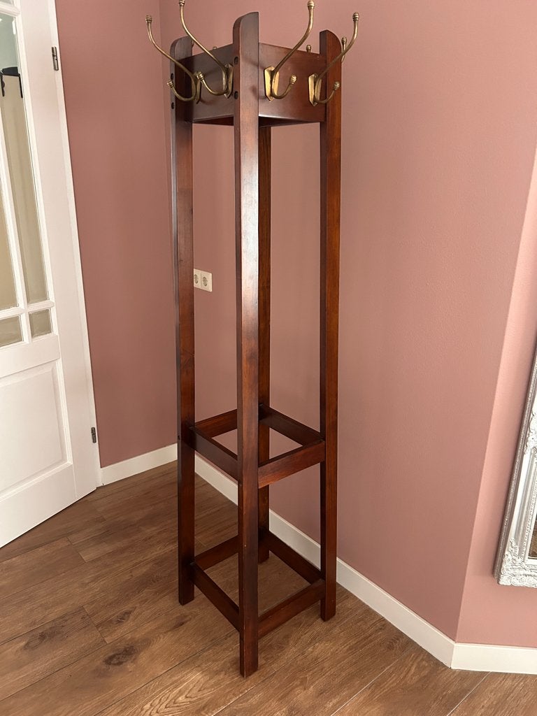 Staande houten kapstok met messingkleurige haken, Ophalen, Gebruikt, Staande kapstok, 150 tot 200 cm