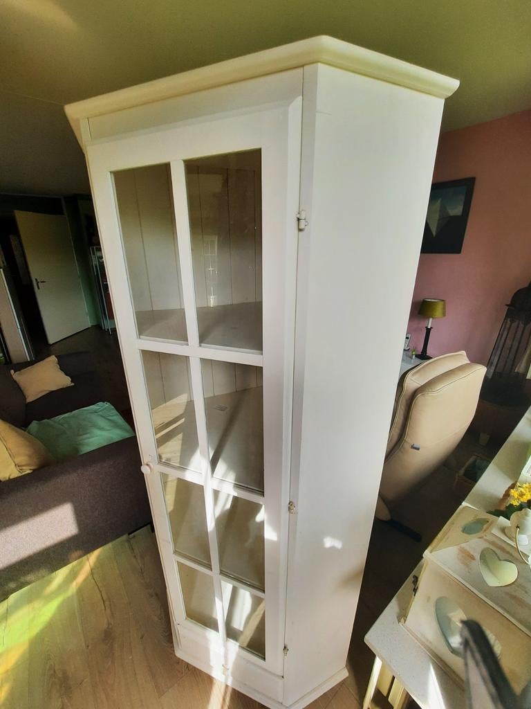 Witte hoekkast met glazen deur en lade, Huis en Inrichting, Kasten | Vitrinekasten, Ophalen, Gebruikt, Met deur(en), Glas