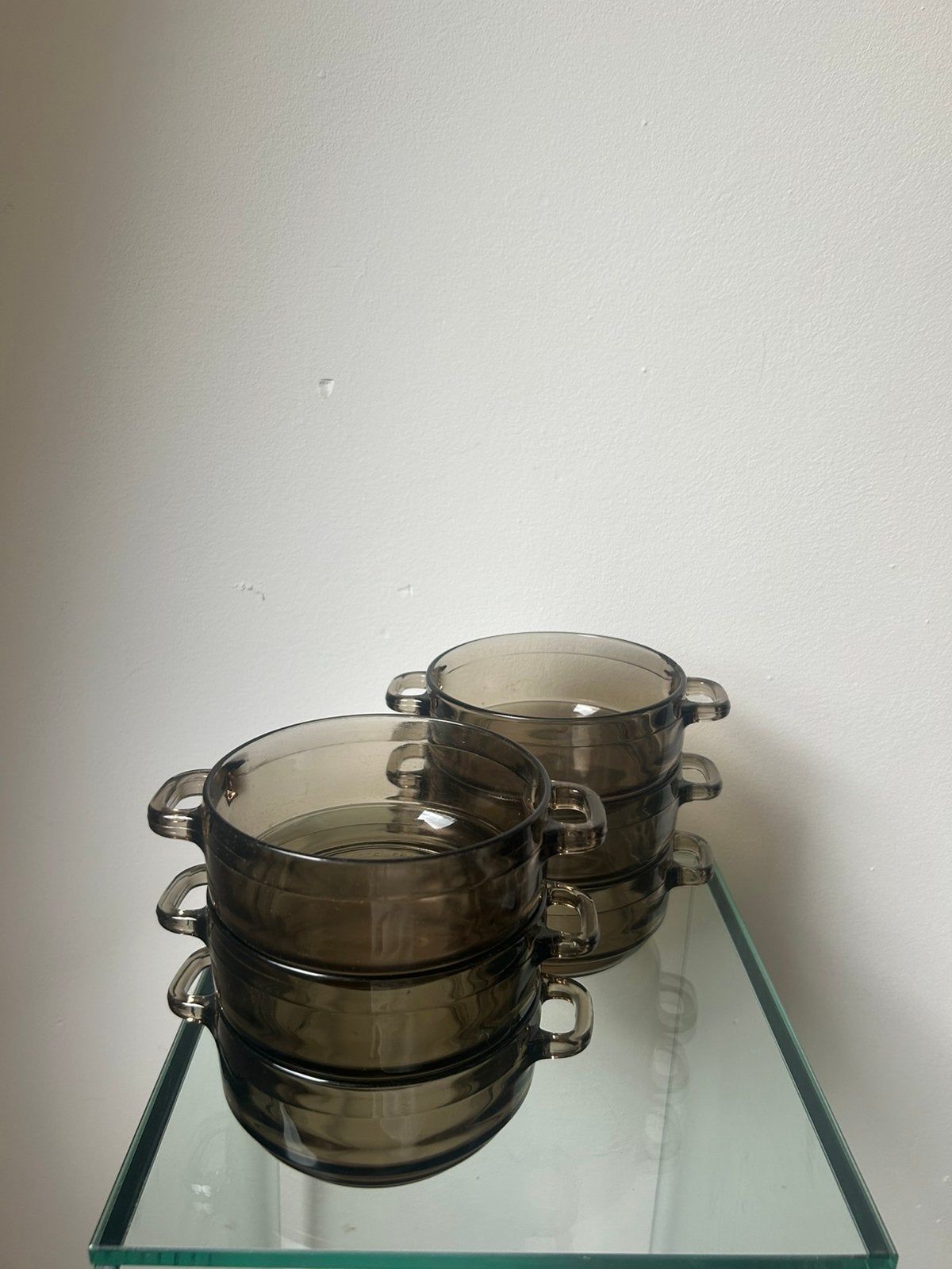 Set (6 st) soepkommen Arcoroc France rookglas, Ophalen of Verzenden, Zo goed als nieuw, Glas, Pot, Bus of Blik