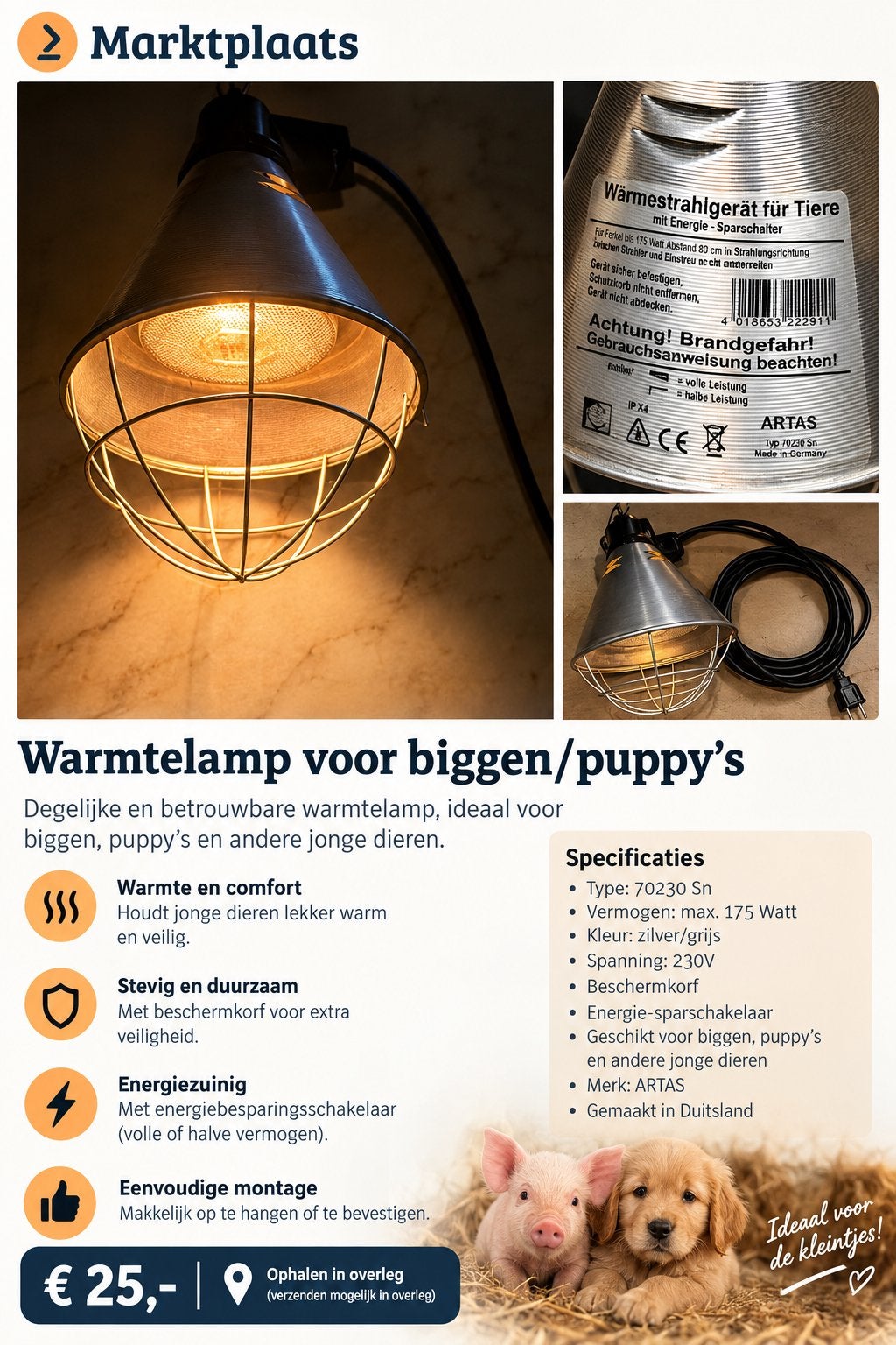Warmtelamp voor puppies/biggetjes of andere kleine dieren, Dieren en Toebehoren, Verzenden, Gebruikt