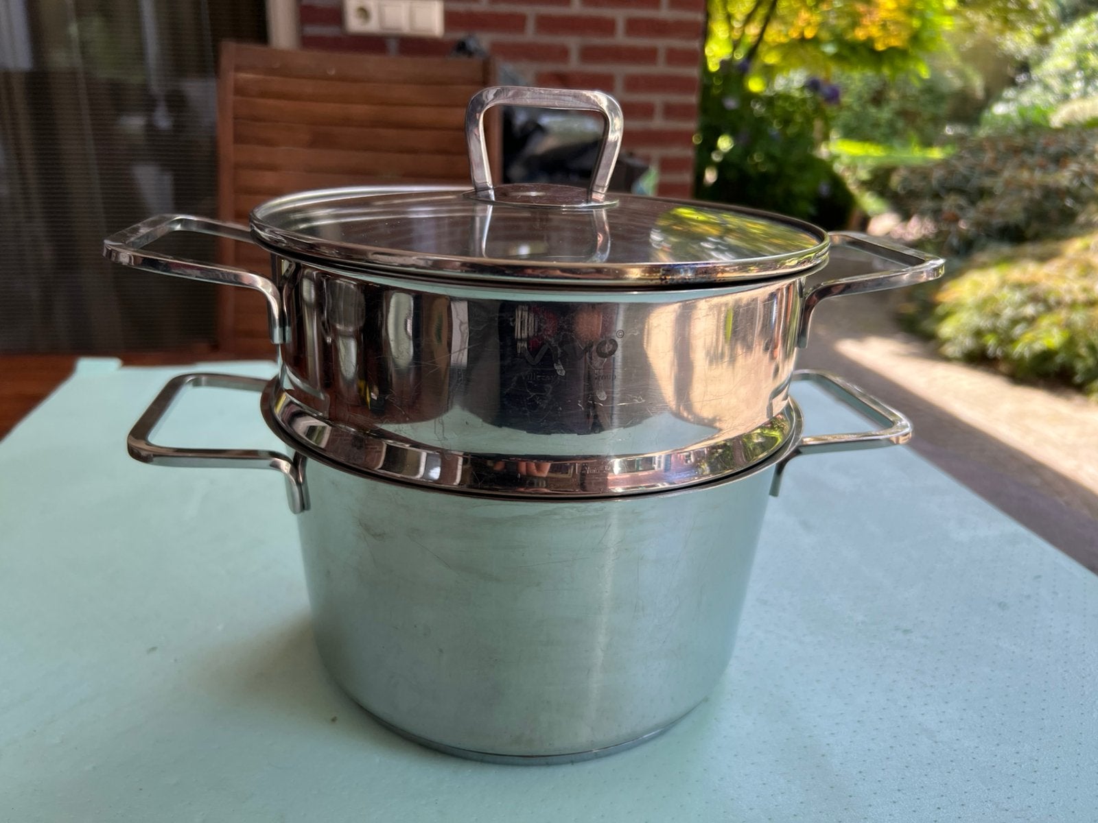 t.k.Vivo Villeroy&Boch RVS kookpan+stoominsert 20cm INDUCTIE, Ophalen, Zo goed als nieuw, Rvs