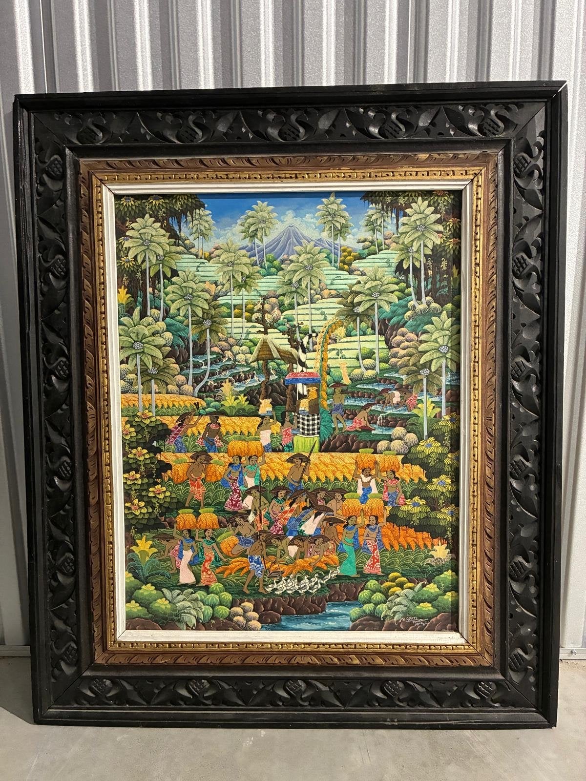 Groot Balinees schilderij met lijst - Tropisch landschap, Schilderij, Indonesië, Meerkleurig, Geschilderd