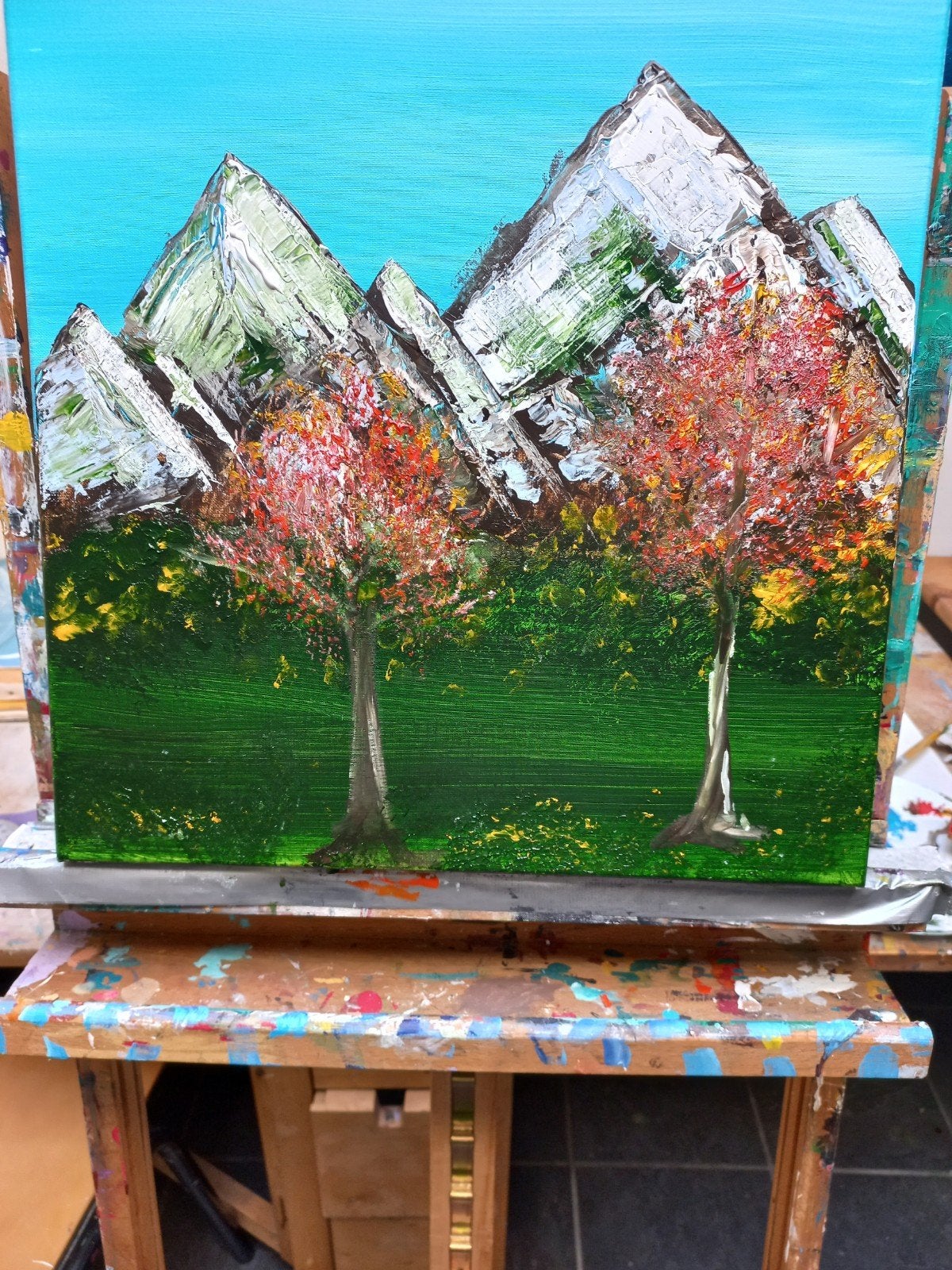 Bob Ross Stijl Berglandschap - Acryl op Canvas, Ophalen of Verzenden