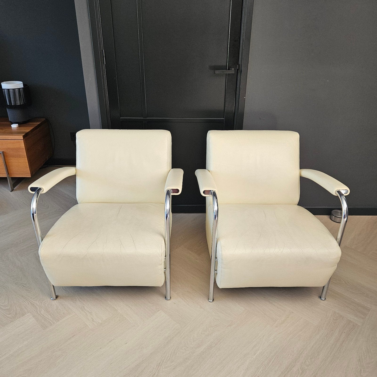 Leolux Scylla fauteuils leer creme, Ophalen, Gebruikt, Modern, 50 tot 75 cm