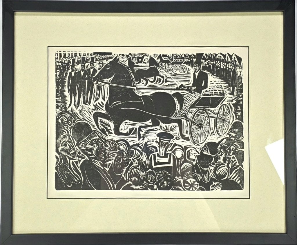1054. Houtsnede Johan Dijkstra - "Concours Hippique", Ophalen, Dagelijks leven, 27 cm, Houtsnede