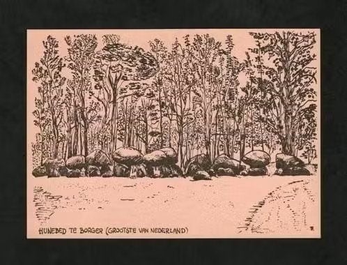 Borger Hunebed Grootste van Nederland, Pentekening., Verzamelen, Ophalen of Verzenden, 1940 tot 1960, Ongelopen, Drenthe