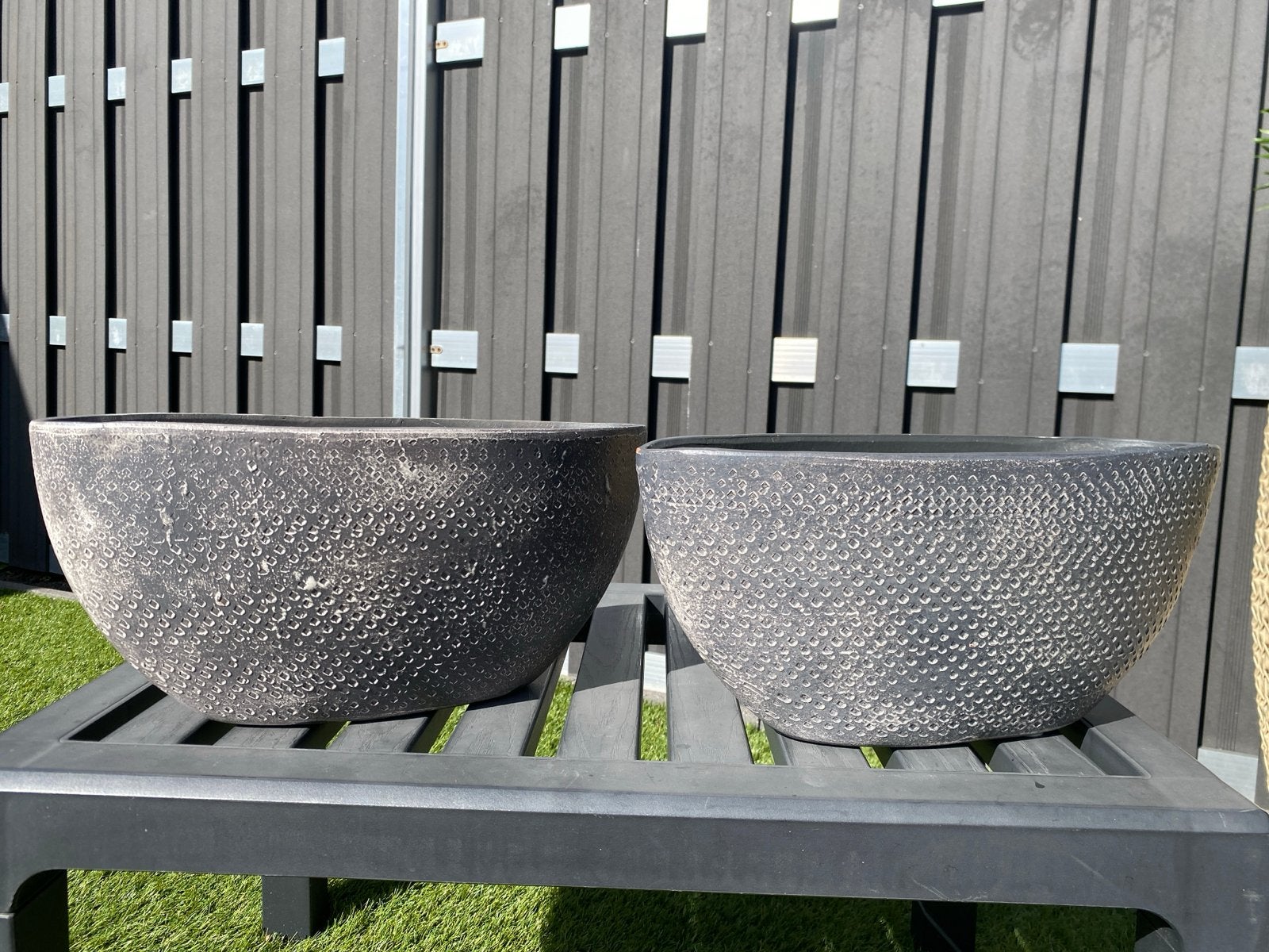 Set van 2 decoratieve bloembakken grijs 37x14x17, Ophalen, Steen, Gebruikt, Minder dan 30 cm