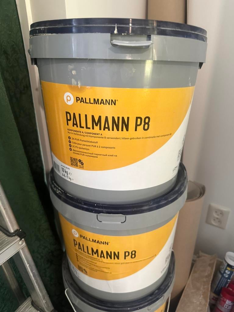 Pallmann P8 parketlijm + benodigdheden voor parketvloer, 5 tot 10 liter, Ophalen of Verzenden, Gebruikt, Wit