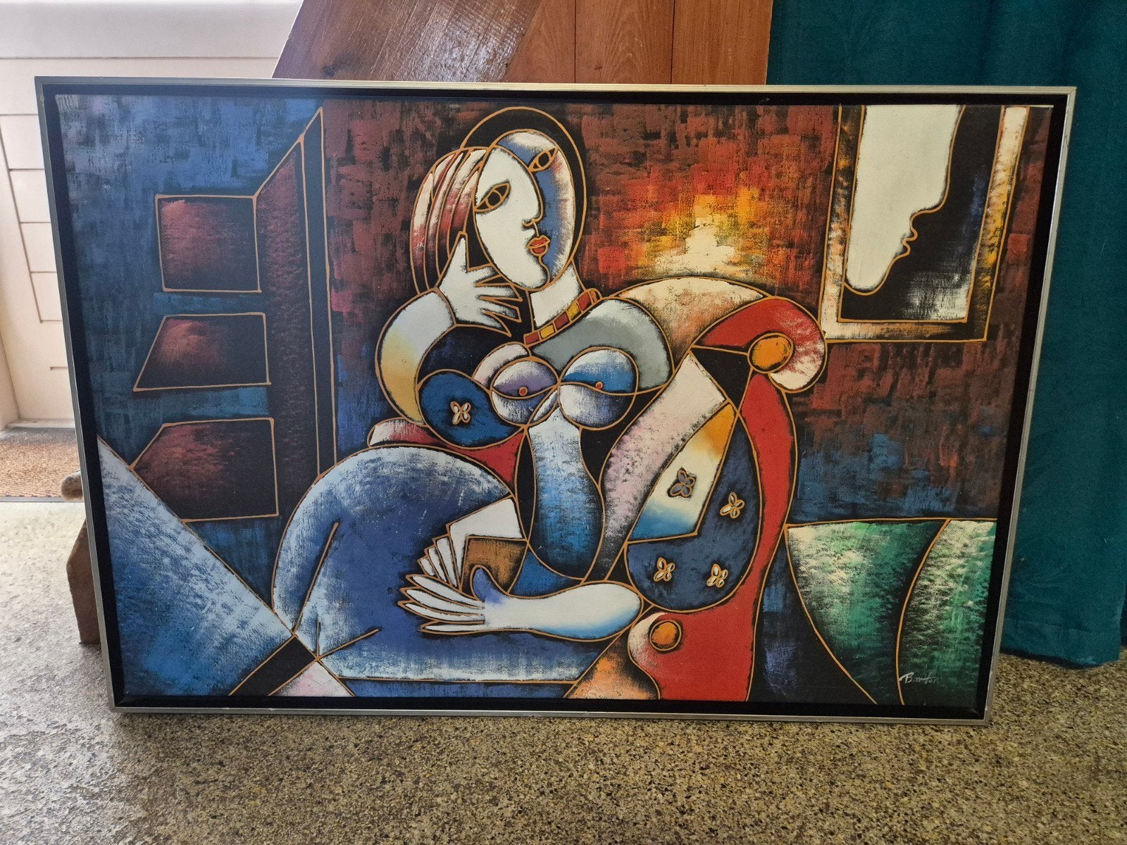 Modern schilderij: Abstracte figuren in levendige kleuren, Ophalen, Figuren, Ingelijst, Gemengde techniek