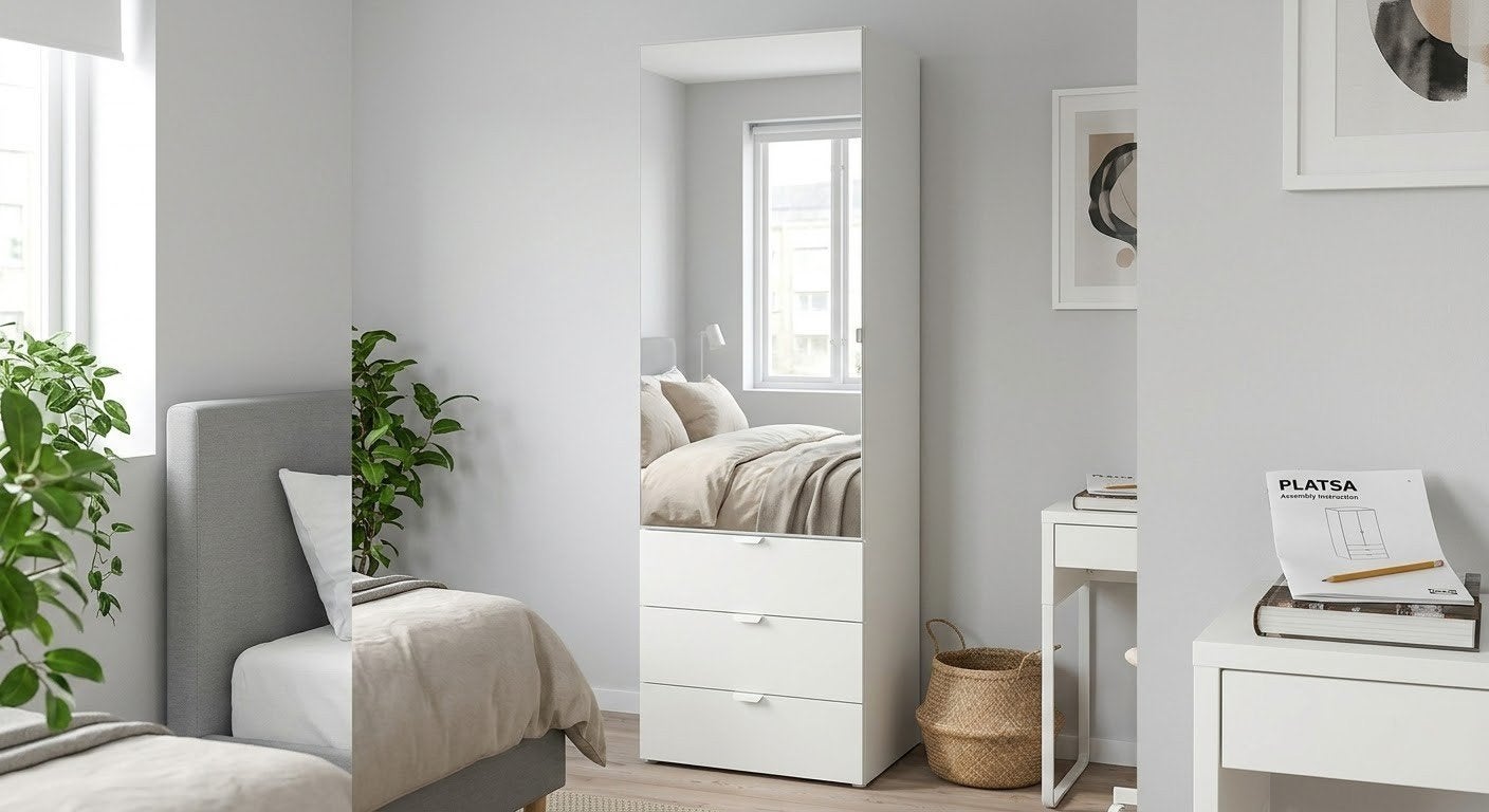 Witte IKEA kast met spiegeldeur en 3 lades, Ophalen, Overige materialen, Gebruikt, 50 tot 100 cm