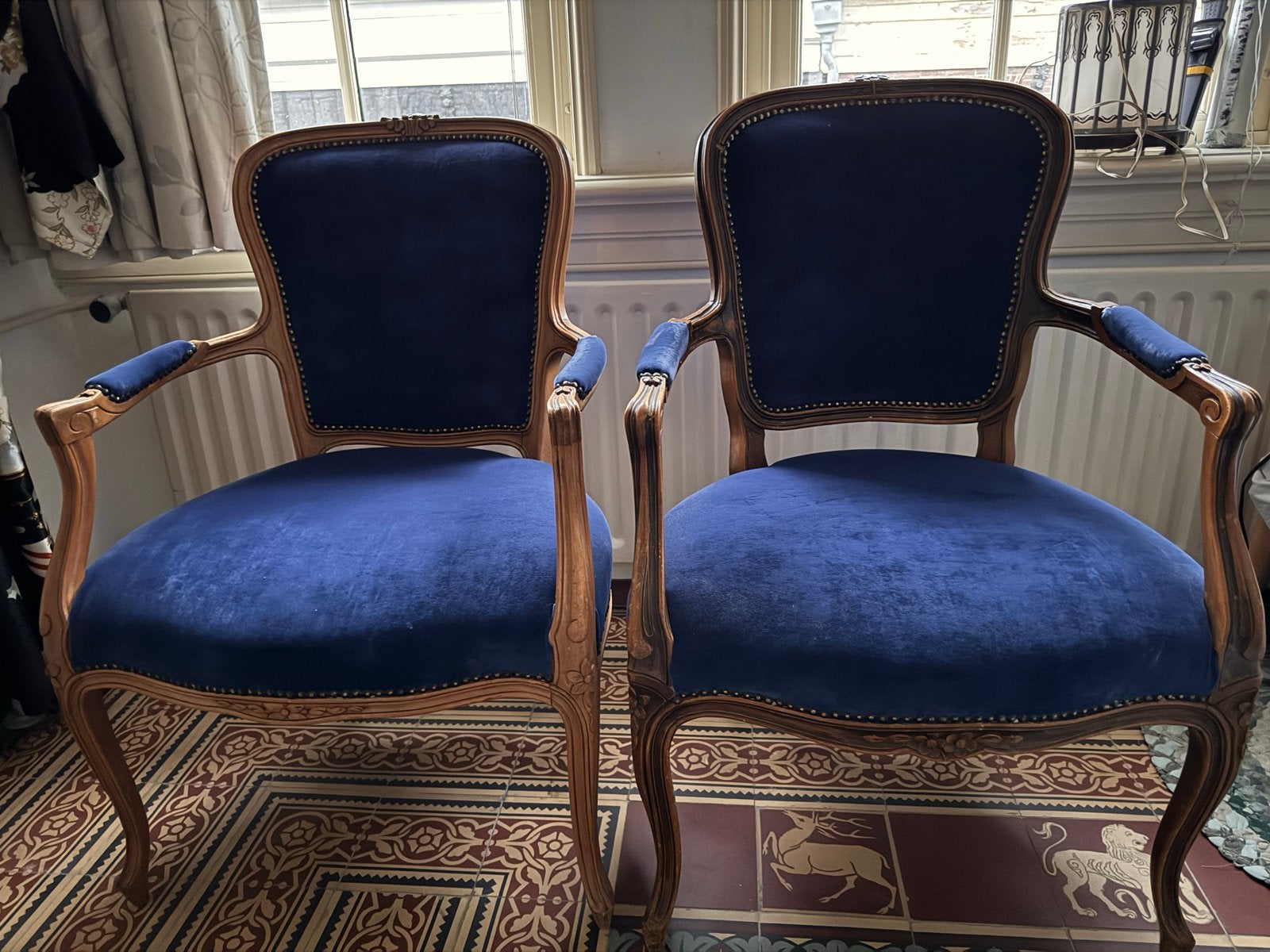 2 Antieke Koningsblauwe Stoeltjes - Barok Stijl, Antiek en Kunst, Antiek | Meubels | Stoelen en Banken, Ophalen