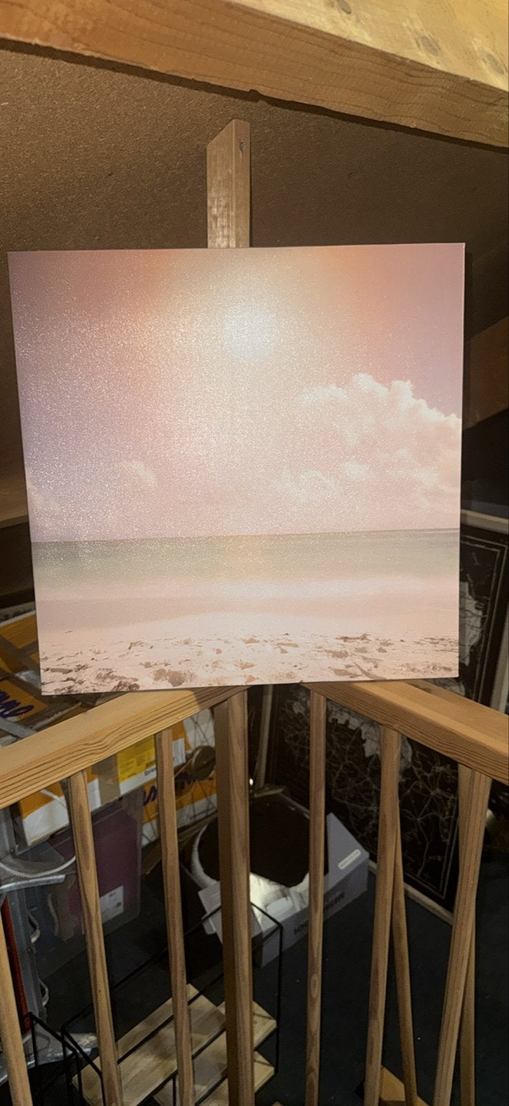 Schilderij Zonsondergang Strand Zee Roze Glitter, Print, Overige materialen, Op houten frame, Landschap