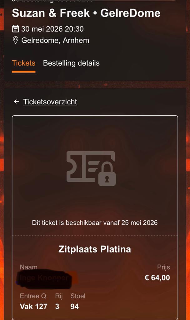 Suzan & Freek 30 mei platina zitplaats, Eén persoon