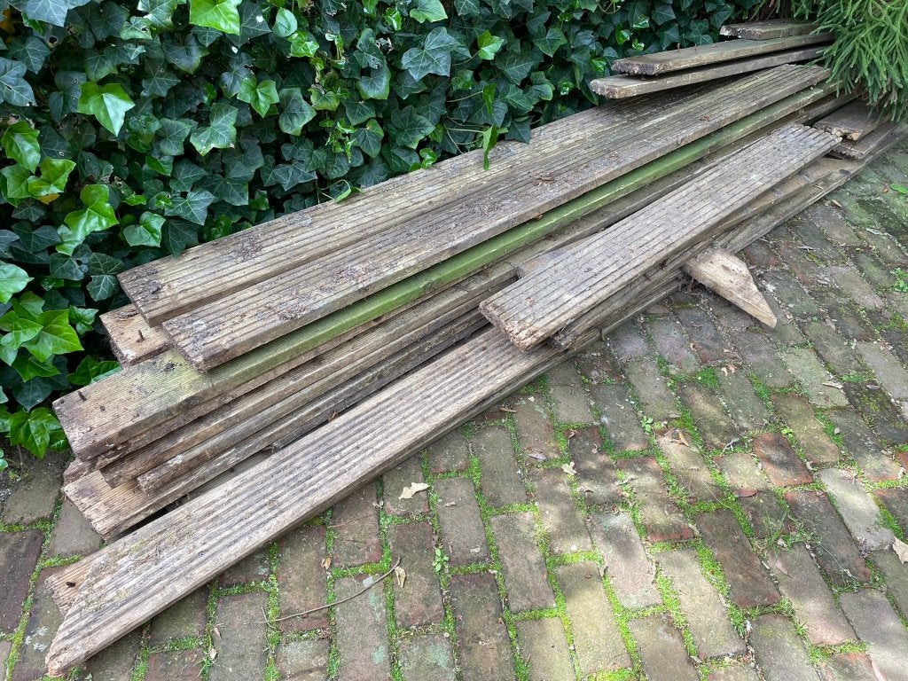vlonderplanken hardhout 145 mm breed en 28mm dik - gratis, Tuin en Terras, Ophalen, Gebruikt, Hout