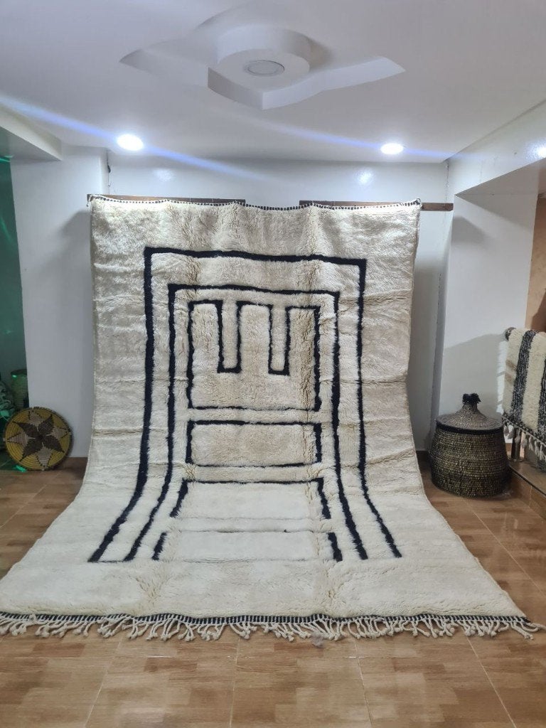 Beni Ouarain vloerkleed 200x300 – crème zwart kaders, Boho, Handgemaakt, MarocCarpets, Info@maroccarpets.nl, Ophalen of Verzenden