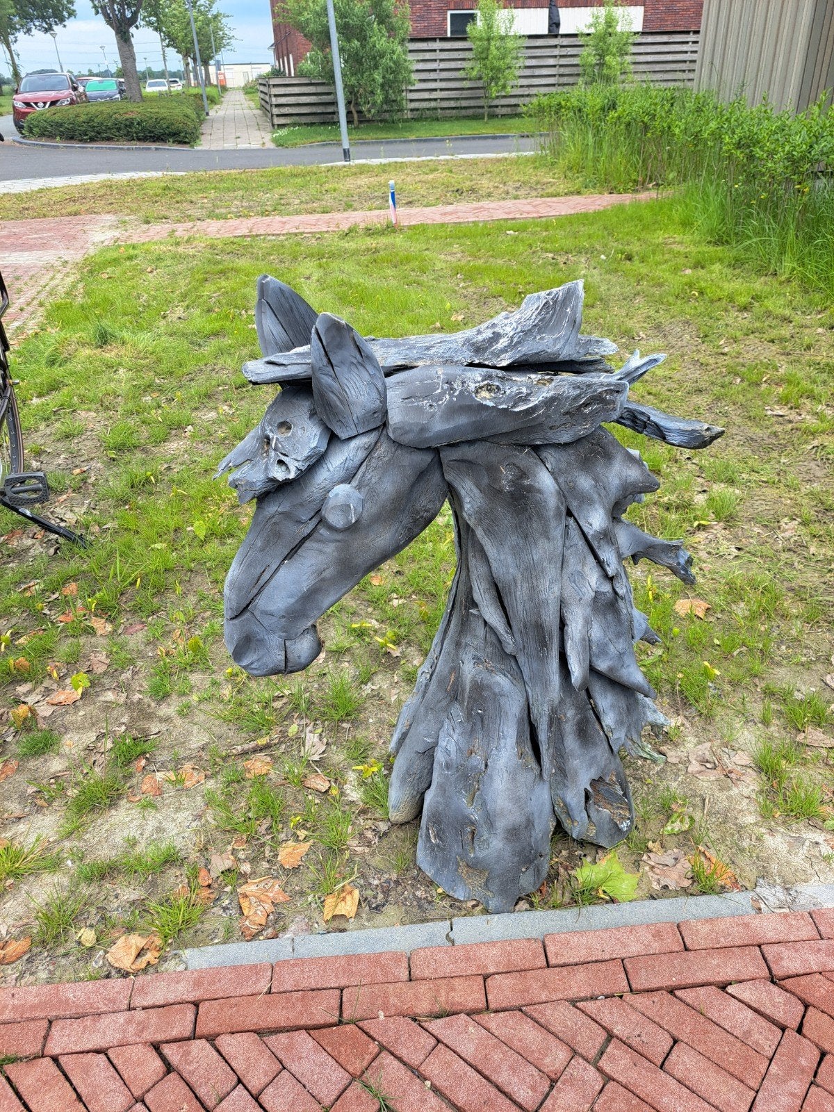 Paardenhoofd van drijfhout, Tuin en Terras, Ophalen of Verzenden, Zo goed als nieuw, Hout, Dierenbeeld