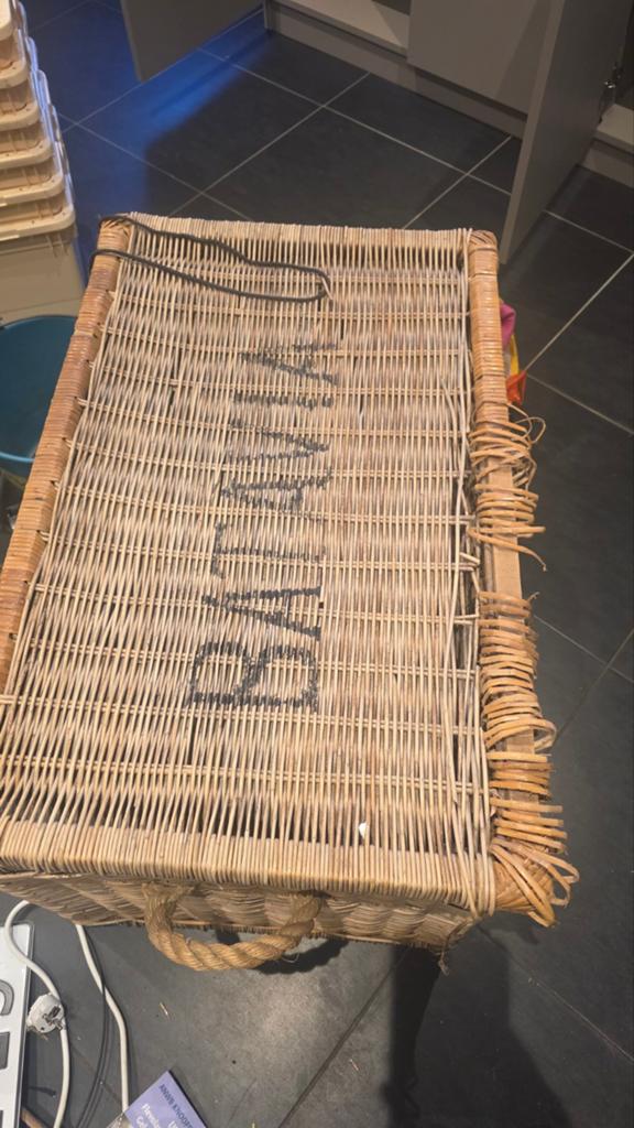 Vintage rieten wasmand / opbergkist met touw handvatten, Overige materialen, Gebruikt, 50 tot 100 cm, 50 tot 75 cm