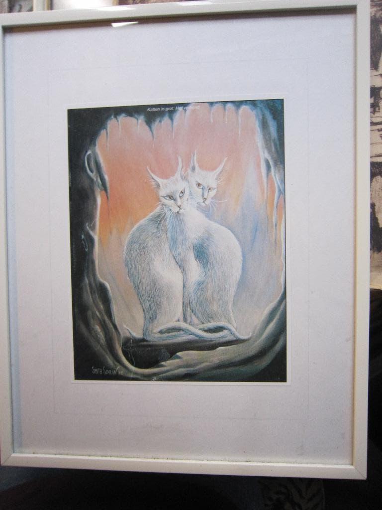 Sylvia Scheen, Leuke prent 2 siamese poezen, Gebruikt, 1980 tot heden, Ophalen of Verzenden, Prent