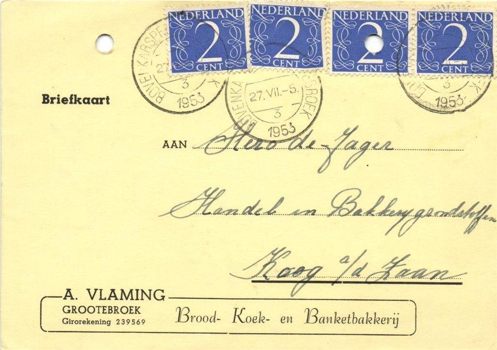 A. Vlaming, Grootebroek - 07.1953 - briefkaart, Ophalen of Verzenden, Briefkaart