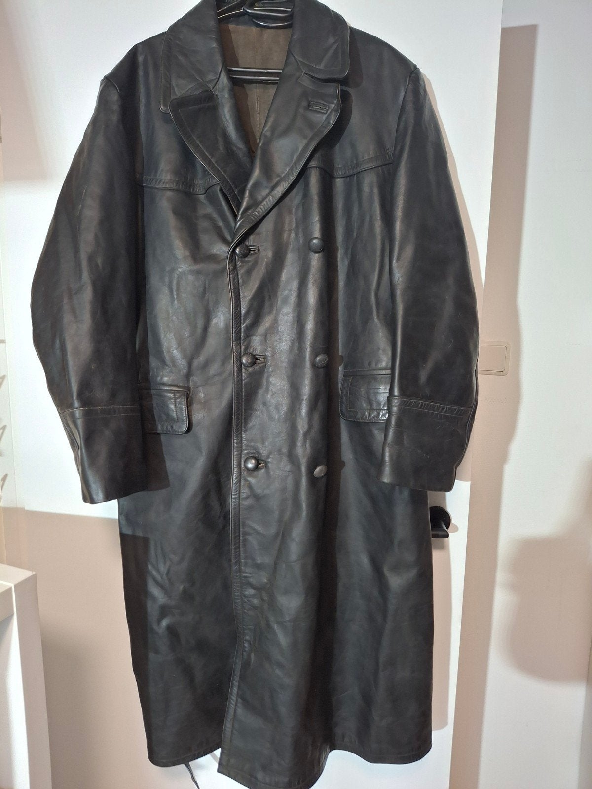 Unieke Zware Leren Trenchcoat motorjas – Trio Lederen vintag, Ophalen of Verzenden, Gedragen, Overige maten, Zwart