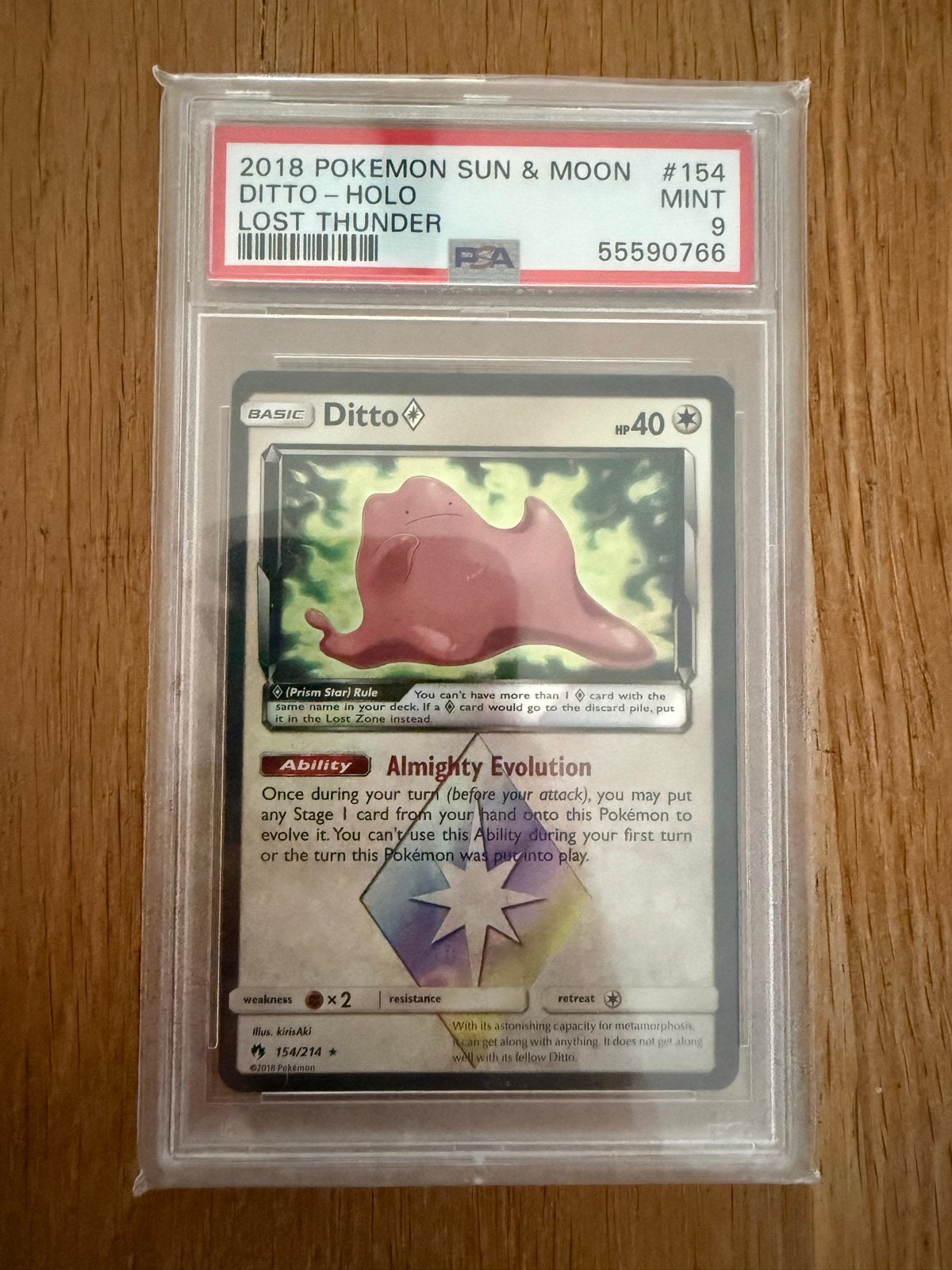 PSA 9 MINT 2018 Pokemon Sun & Moon Ditto Holo Lost Thunder, Ophalen of Verzenden, Zo goed als nieuw, Losse kaart
