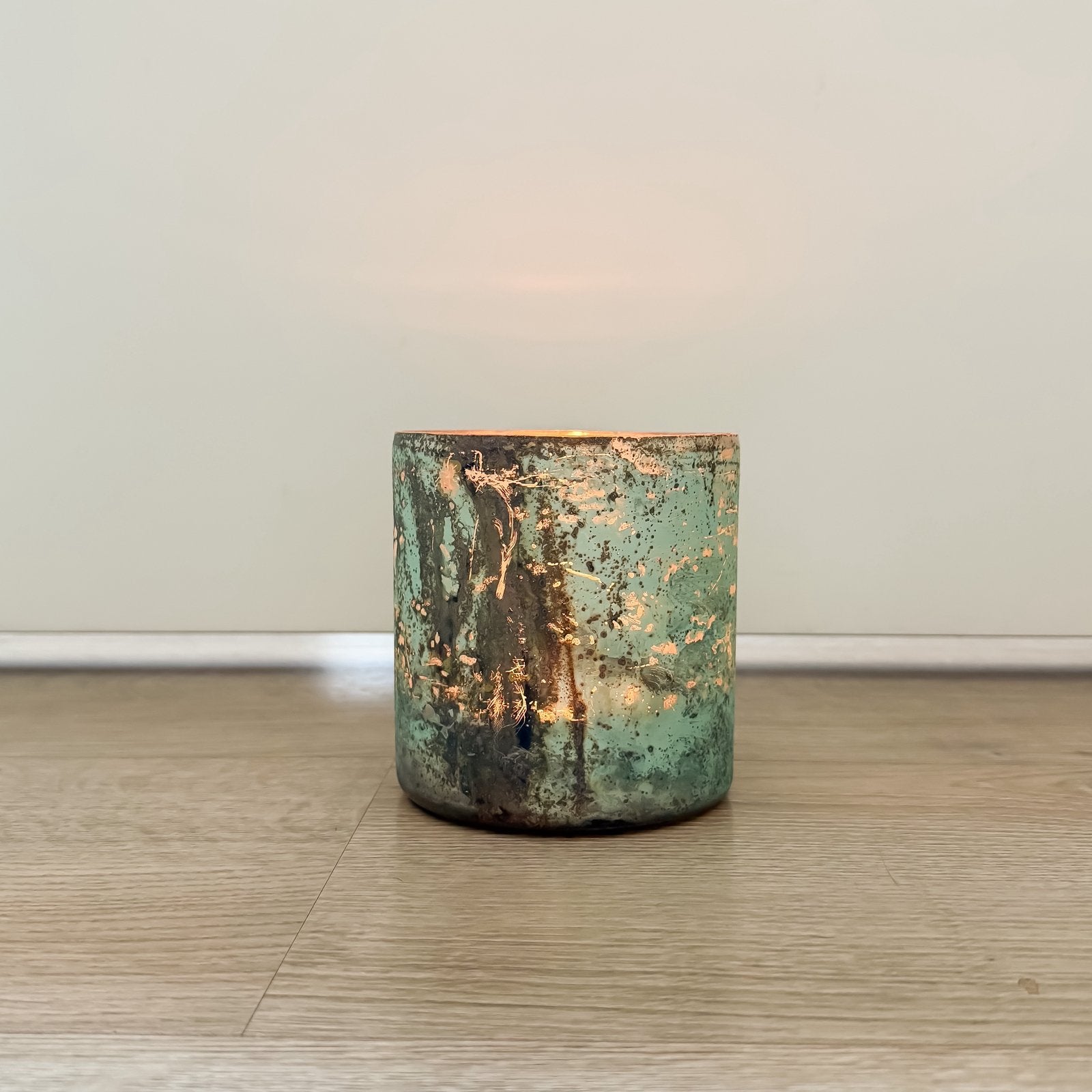 POMAX THEELICHTHOUDER Groen/Goud Glas Ø10 cm, Huis en Inrichting, Ophalen, Zo goed als nieuw, Goud, Glas